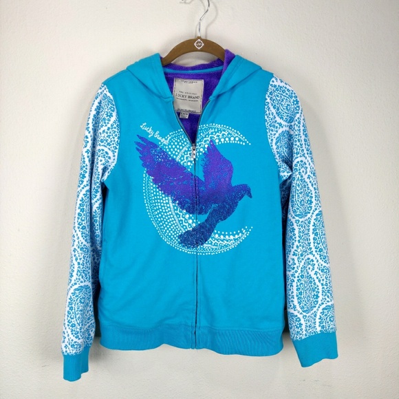 Lucky Brand Other - Lucky Brand Teal Purple Fuzzy Hoodie Paisley Bird